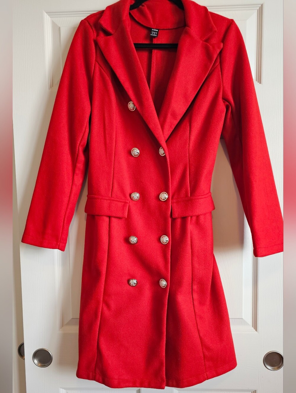 Red Double-Breasted Trench Coat with Silver Buttons